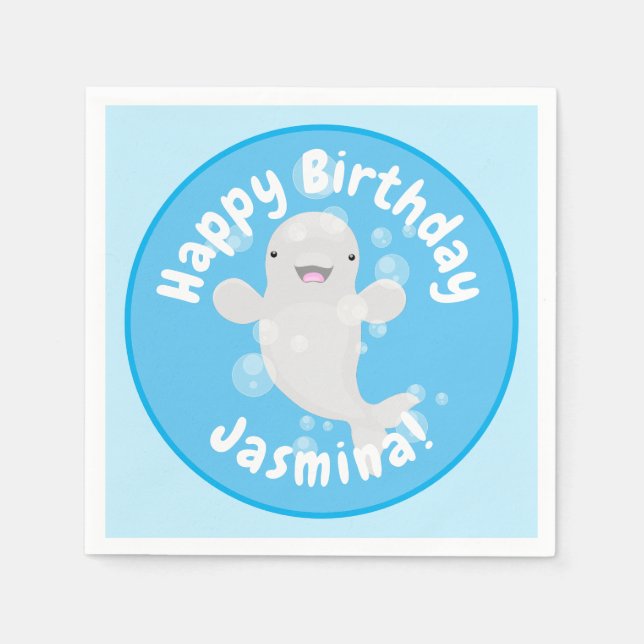 Cute beluga whale personalized cartoon birthday napkins (Front)