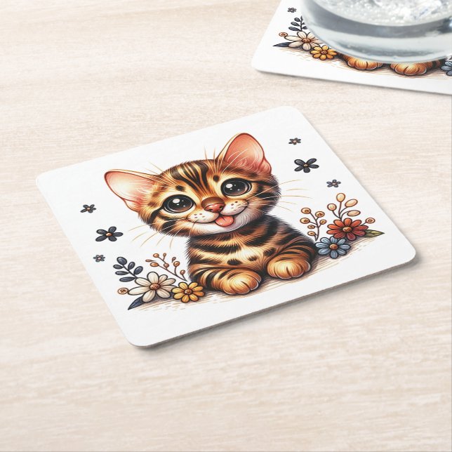 Cute Bengal Cat Lover Kitten Kitty Mom Feline Square Paper Coaster (Angled)