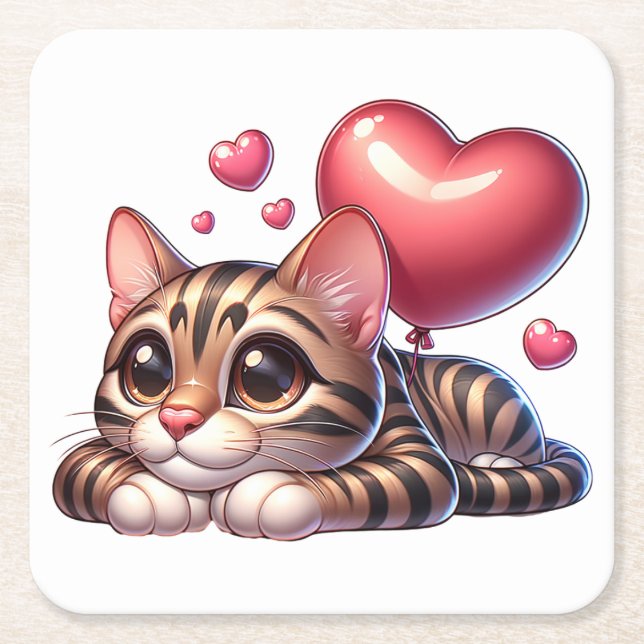 Cute Bengal Cat Lover Red Heart Kitten Kitty Mom  Square Paper Coaster (Front)