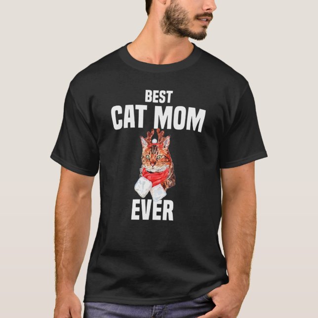 Cute Bengal Cat with Reindeer Costume Best Cat Mom T-Shirt (Front)