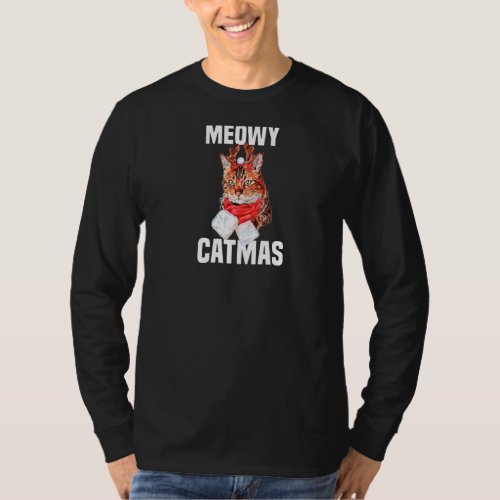 Cute Bengal Cat with Reindeer Costume Meowy Catmas T_Shirt
