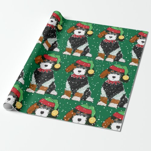 Cute Bernedoodle Mountain Dog Green Wrapping Paper