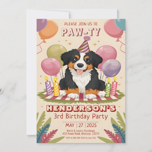 Cute Berner Puppy Party Bernese Dog Birthday Invitation (Front)