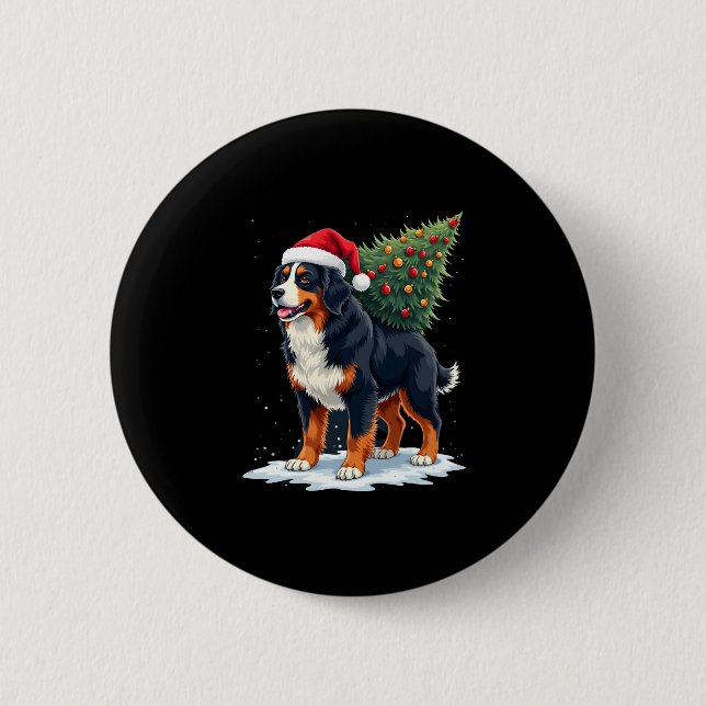 Cute Bernese Mountain Dog in a Christmas Tree for  Button (Front)