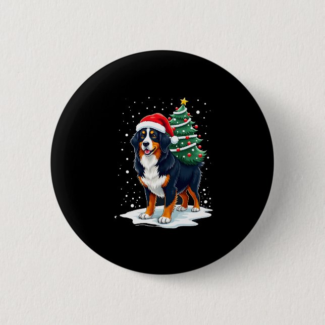 Cute Bernese Mountain Dog in a Christmas Tree for  Button (Front)