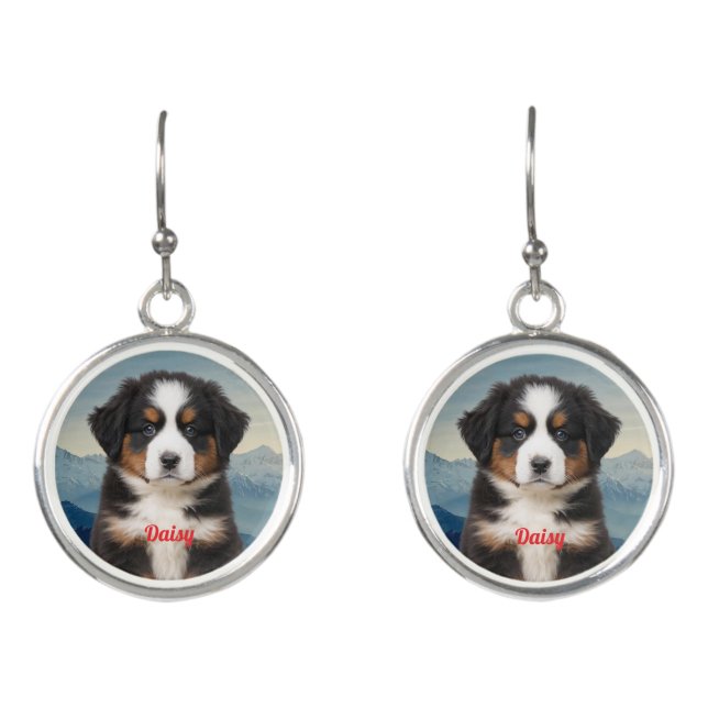 Cute Bernese Mountain Dog Personalized Earrings (Front)