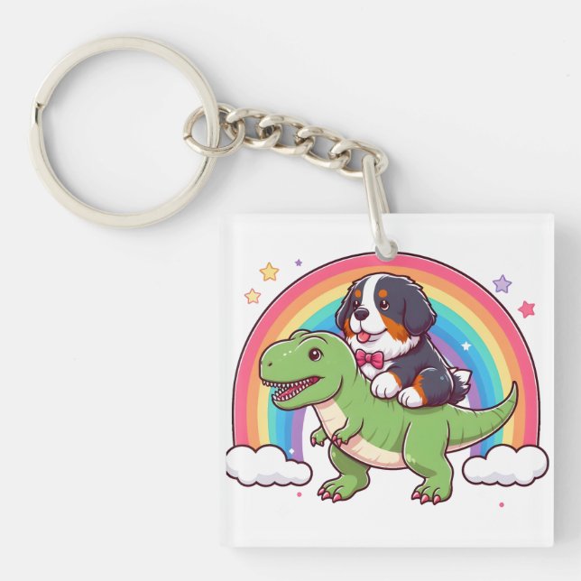 Cute Bernese Mountain Dog Riding T-Rex Dinosaur Keychain (Front)