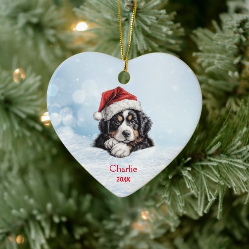 Cute Bernese Mountain Dog Santa Hat Heart Custom Ceramic Ornament