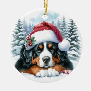 Cute Bernese Mountain Dog Santa Hat Watercolor Ceramic Ornament