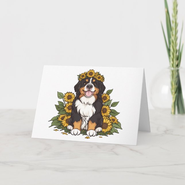 Cute Bernese Mountain Dog Wearing Sunflower Crown Card (Front)