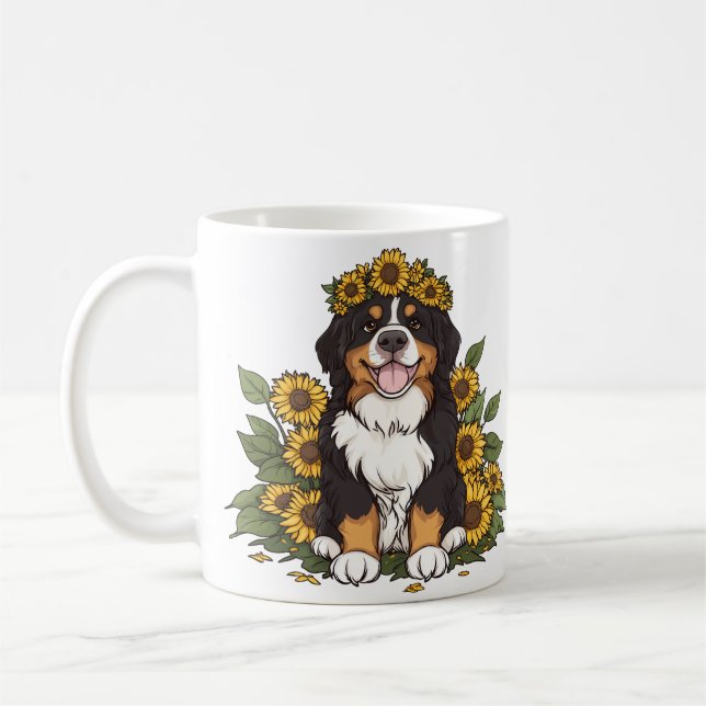 Cute Bernese Mountain Dog Wearing Sunflower Crown Coffee Mug (Left)