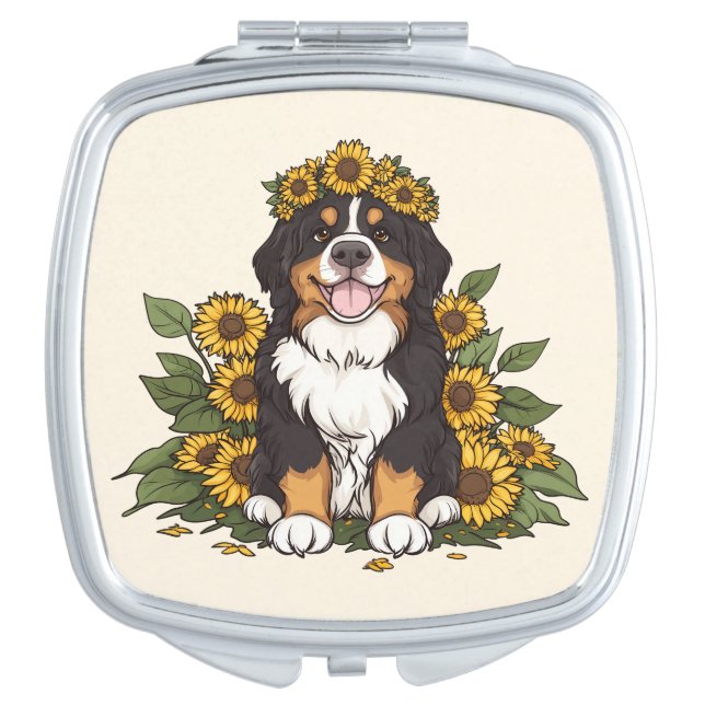 Cute Bernese Mountain Dog Wearing Sunflower Crown Compact Mirror (Front)