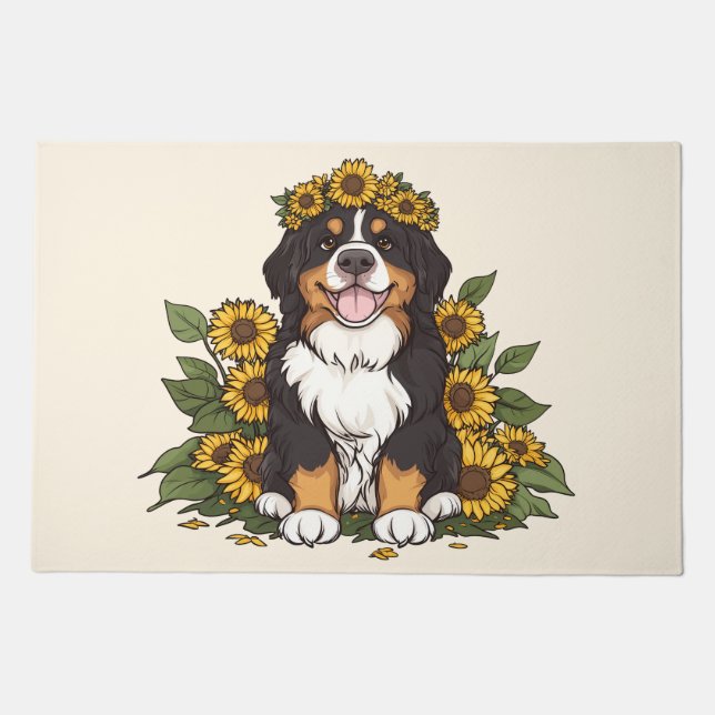 Cute Bernese Mountain Dog Wearing Sunflower Crown Doormat (Front)