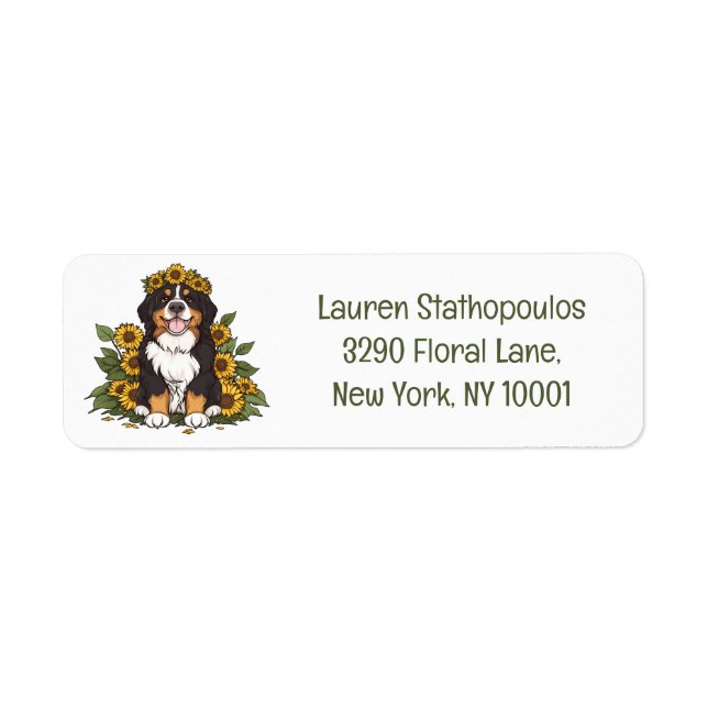 Cute Bernese Mountain Dog Wearing Sunflower Crown Label (Front)