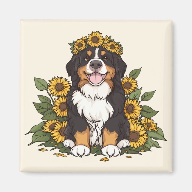 Cute Bernese Mountain Dog Wearing Sunflower Crown Magnet (Front)