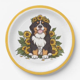 Cute Bernese Mountain Dog Wearing Sunflower Crown Paper Plates