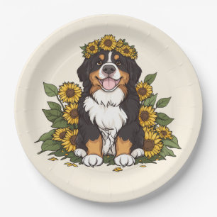 Cute Bernese Mountain Dog Wearing Sunflower Crown Paper Plates