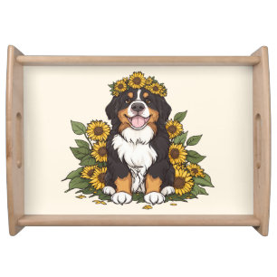 Cute Bernese Mountain Dog Wearing Sunflower Crown Serving Tray