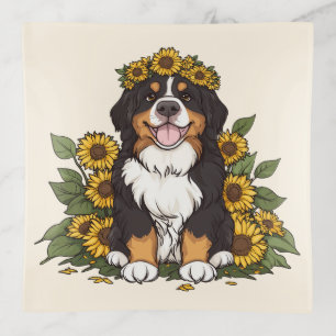 Cute Bernese Mountain Dog Wearing Sunflower Crown Trinket Tray