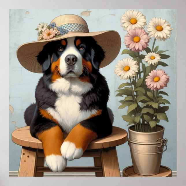 Cute Bernese Mountain Dog with Hat and Flowers Poster (Front)