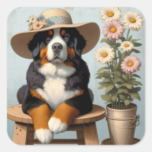 Cute Bernese Mountain Dog with Hat and Flowers Square Sticker
