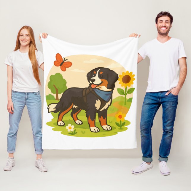 Cute Bernese Mountain Dog with Sunflower & Butterf Fleece Blanket (In Situ)