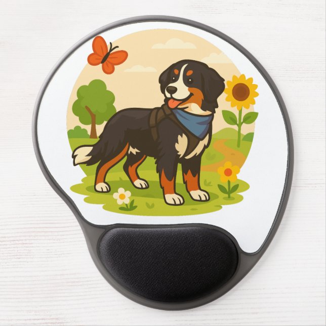Cute Bernese Mountain Dog with Sunflower & Butterf Gel Mouse Pad (Front)