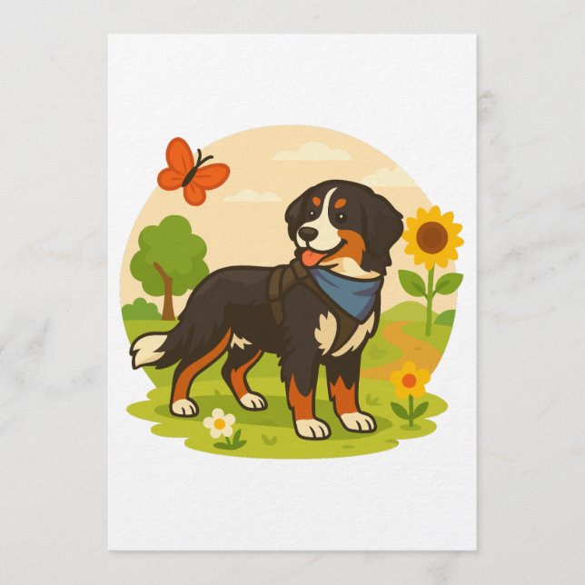 Cute Bernese Mountain Dog with Sunflower & Butterf Invitation (Front)