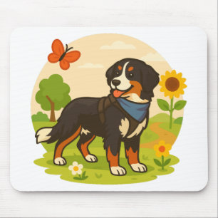 Cute Bernese Mountain Dog with Sunflower & Butterf Mouse Pad