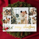 Cute Berry Christmas Script Photo Collage Foil Holiday Card<br><div class="desc">Embrace the festive spirit with our luxurious personalized Christmas card, designed to capture the warmth and joy of the season. The card takes center stage with a delightful arrangement of five square-sized photos, each telling a unique story of your family's cherished moments. As your eyes drift below, a delicate watercolor...</div>