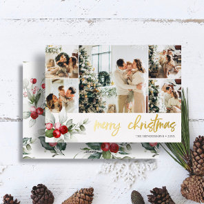Cute Berry Christmas Script Photo Collage Foil Holiday Card