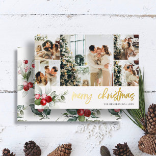 Cute Berry Christmas Script Photo Collage Foil Holiday Card