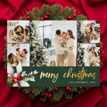 Cute Berry Christmas Script Photo Collage Foil Holiday Card<br><div class="desc">Embrace the festive spirit with our luxurious personalized Christmas card, designed to capture the warmth and joy of the season. The card takes center stage with a delightful arrangement of five square-sized photos, each telling a unique story of your family's cherished moments. As your eyes drift below, a delicate watercolor...</div>