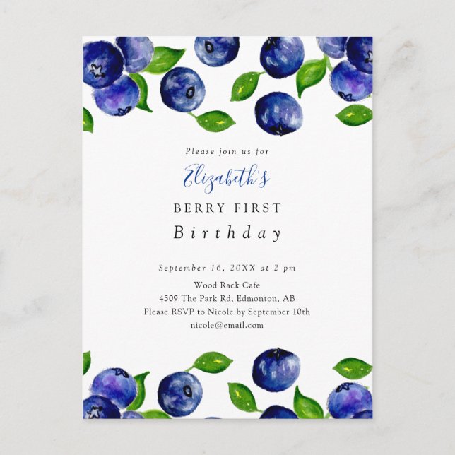 Cute Berry First Birthday Blueberry Watercolor  Postcard (Front)