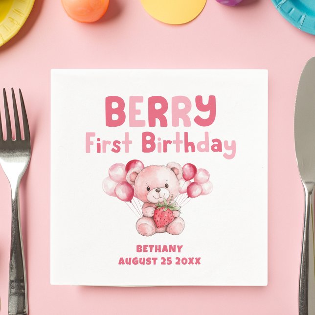 Cute Berry First Birthday Strawberry Pink Napkins (Creator Uploaded)