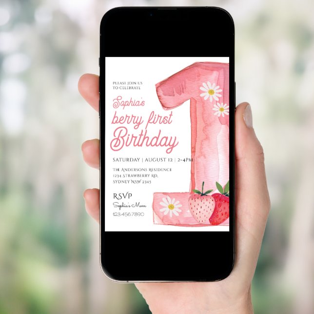 Cute Berry First Birthday Watercolor Strawberry Invitation (Front Digital)