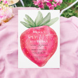 Cute berry first birthday watercolor strawberry invitation<br><div class="desc">Cute berry first birthday watercolor pink and green strawberry</div>