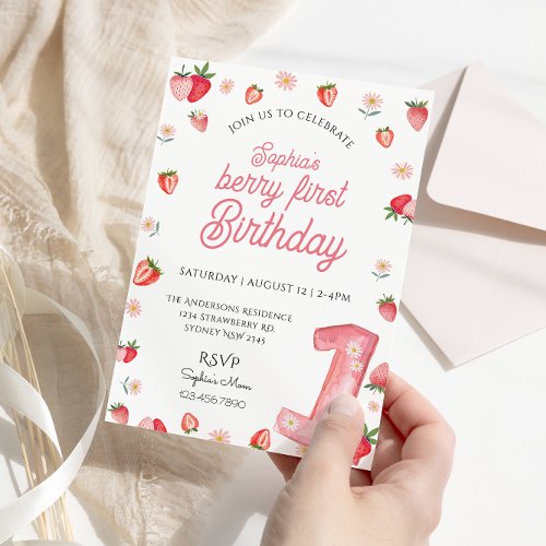 Cute Berry First Birthday Watercolor Strawberry Invitation