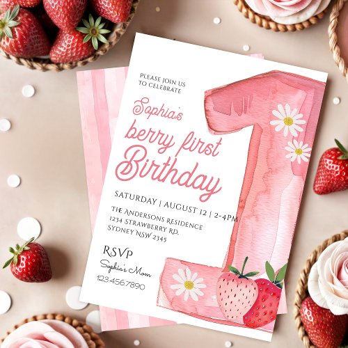 Cute Berry First Birthday Watercolor Strawberry Invitation