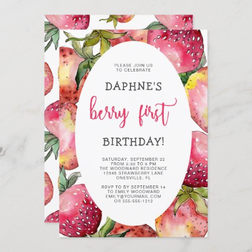 Cute Berry First Strawberry 1st Birthday Party Invitation