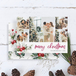 Cute Berry Handwritten Christmas Photo Collage Holiday Card