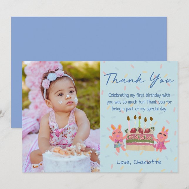 Cute Berry Sweet Bunnies | Blue Birthday Photo Thank You Card (Front/Back)