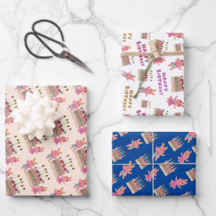 Cute Berry Sweet Bunnies pink white blue Birthday Wrapping Paper Sheets