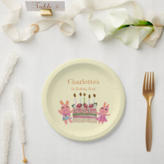 Cute Berry Sweet Pink Bunny Birthday Yellow Paper Plates (Wedding)