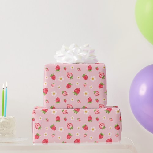 Cute Berry Sweet Strawberry Pattern Pink Wrapping Paper