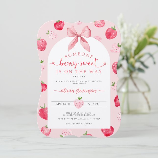 Cute Berry Sweet Strawberry Pink Baby Shower Invitation (Standing Front)