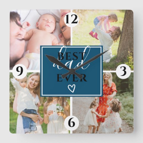 Cute best dad script 4 photo collage grid pink square wall clock