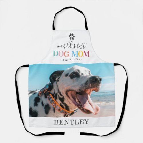 Cute Best Dog Mom Photo Apron - Personalized pet picture apron featuring a photo of your beloved dog, the saying "world's best dog mom", the year you got him/her, and the pets name. Photo tip: Crop your photos into the shape of the photo before uploading ensuring subject is in the center for best results.