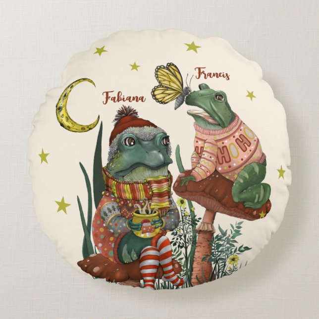 Cute Best Friend Frogs on Mushroom Christmas Round Round Pillow (Front)