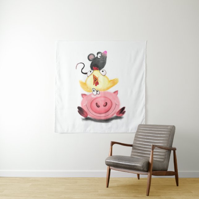 Cute Best Friends Piggy Chick and Mouse - Cartoon  Tapestry (In Situ)